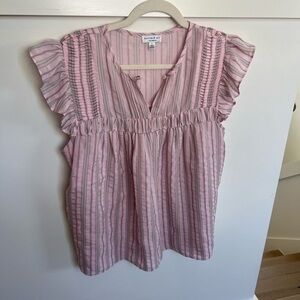 Current Air Los Angeles Pink Striped Smocked Flutter Sleeve Blouse Large